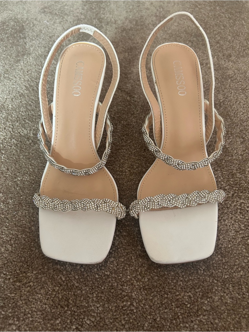 Carmensoo White Braided Crystal Slingback Heels